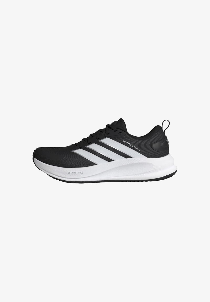 Black running shoes with textured mesh upper, featuring three white stripes, cushioned white midsole, and black rubber outsole.