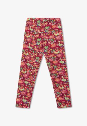 Rekbare leggings in een bordeauxrode stof met een bloemenpatroon in verschillende kleuren, waaronder groene, roze en gele accenten.