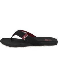 Black flip-flop sandal with a textured footbed, burgundy accents, and a rubber outsole. Features a thong strap design for easy wear.