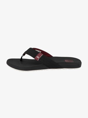 Black flip-flop sandal with a textured footbed, burgundy accents, and a rubber outsole. Features a thong strap design for easy wear.