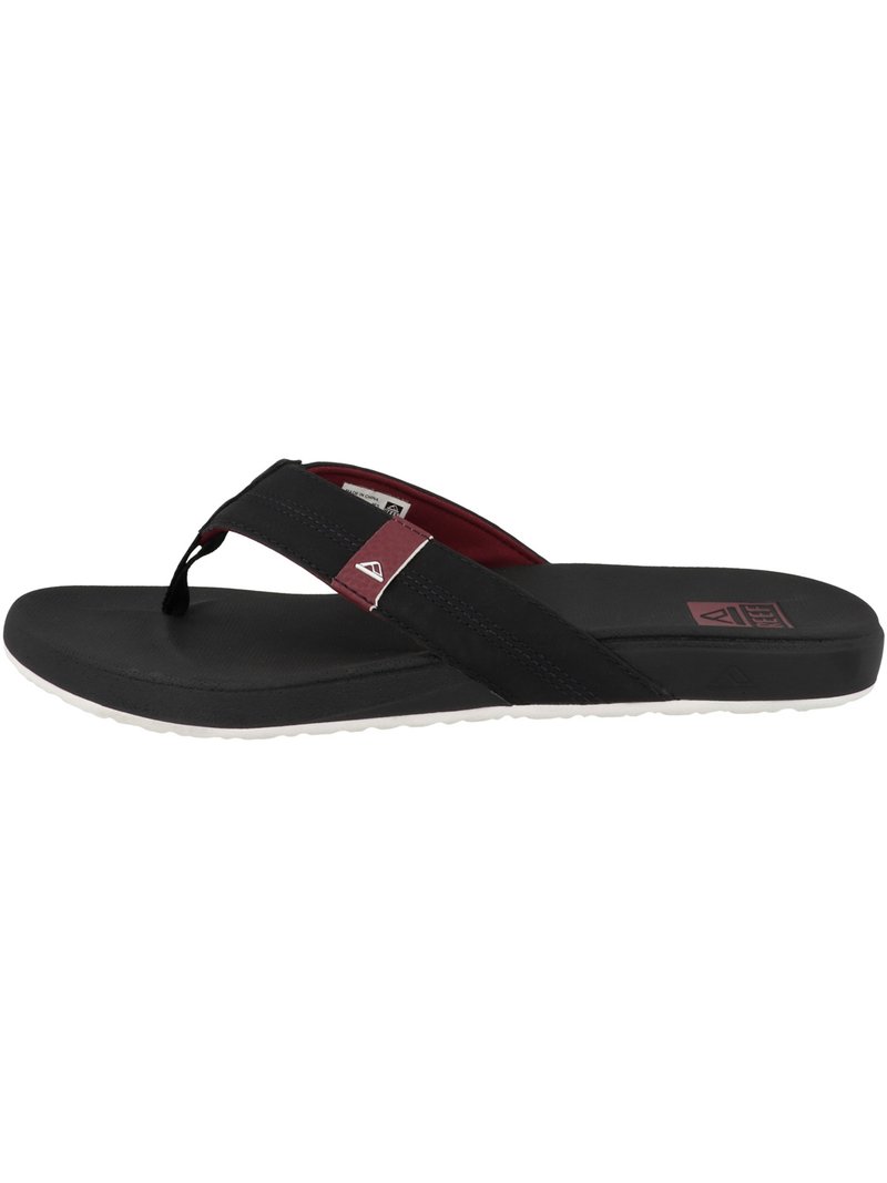 Black flip-flop sandal with a textured footbed, burgundy accents, and a rubber outsole. Features a thong strap design for easy wear.