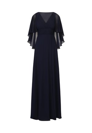 Navyblauwe avondjurk met een V-halslijn, geplooide lijfje en doorzichtige fladdermouwen. Gemaakt van soepele stof, met een vloerlengte ontwerp.