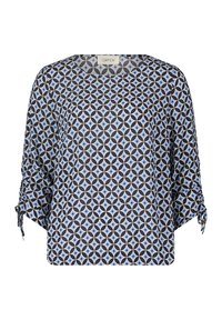 Blouse bleue et navy à motifs avec un design géométrique, coupe décontractée, encolure ronde et détails froncés aux manches. Tissu léger.