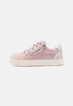 Pink suede sneakers with a white sole, featuring silver accents and a side zipper for easy wear. Round toe and textured body.