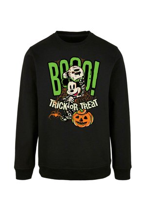 Mustmust musta, millel on graafiline kujundus surnud Mickey Mouse'ist, kõrvitsast ja tekst "Boo! Trick or Treat" rohelises ja oranžis värvitoonis.
