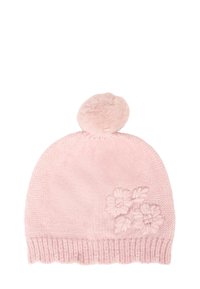 Różowy dziany beanie z pomponem na górze, zdobiony wyszywanymi kwiatowymi detalami po boku i prążkowanym mankietem u podstawy.