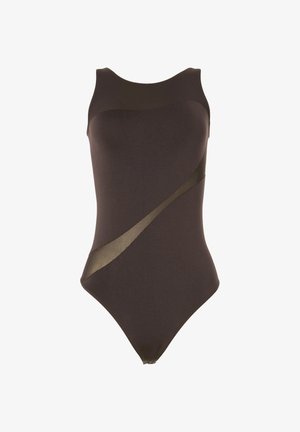 Maillot de bain une pièce noir au design élégant, avec un panneau en maille transparente et un accent satiné diagonal sur le devant.