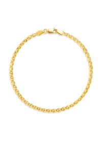 Gold-tone chain bracelet featuring interlocking rectangular links and a lobster clasp. Smooth texture with a polished finish.
