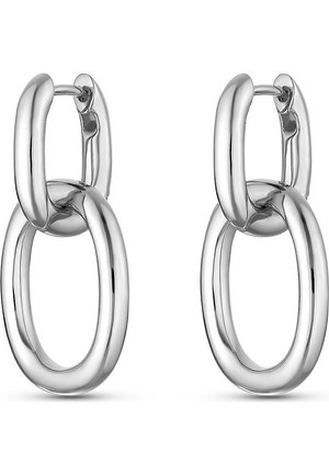 Boucles d’oreilles pendantes à double anneau en ton argenté avec une finition polie et une fermeture à charnière, présentées sur un fond blanc.