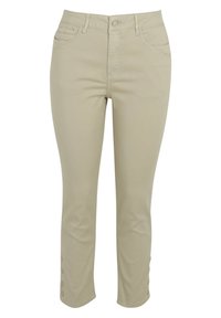 Pantalon beige clair raccourci avec une coupe ajustée, fabriqué en tissu lisse, doté de poches avant et d'accents décoratifs de boutons à l'ourlet.