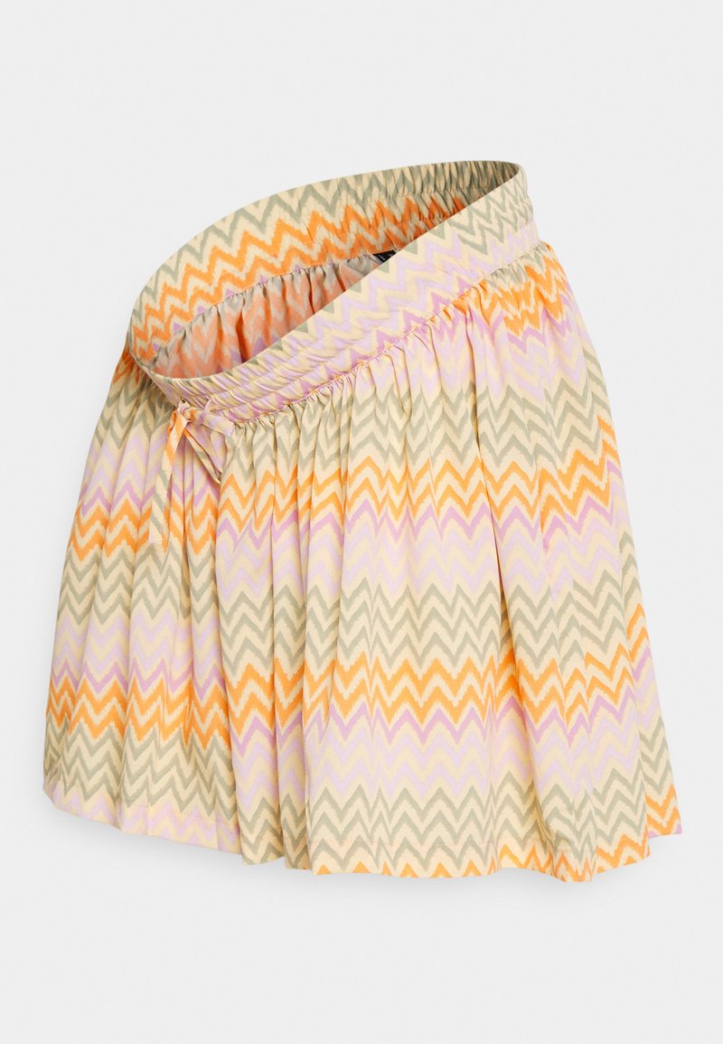Saia com padrão zigzag multicolorido em tons pastéis de rosa, laranja e cinza; com cintura elástica e design de tecido franzido.