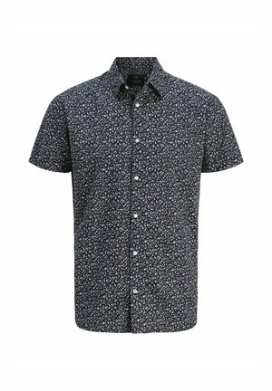 Chemise à manches courtes avec boutons en bleu marine ornée d'un motif floral. Fabriquée en tissu à texture lisse et dotée d'un col standard.