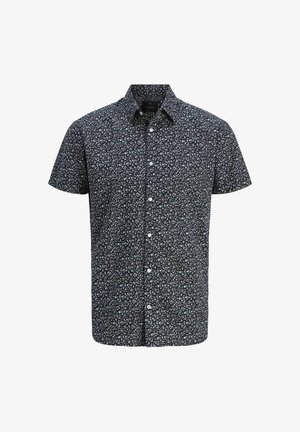 Kurzarm-Hemd mit Knopfleiste in Marineblau mit Blumenmuster. Hergestellt aus einem Stoff mit glatter Textur und einem klassischen Kragen.