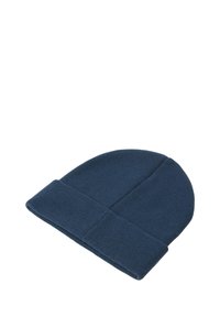 Beanie lavorato a maglia blu navy con risvolto. Realizzato in un morbido tessuto testurizzato, ha una forma aderente e un design senza cuciture.
