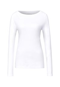 Langærmet hvid skjorte med rund hals, lavet af glat, let stof med en tætsiddende pasform uden synlige mønstre eller detaljer.