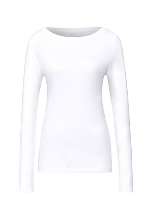 Chemise blanche à manches longues et col rond, en tissu lisse et léger, avec une coupe ajustée et sans motifs ni accents visibles.