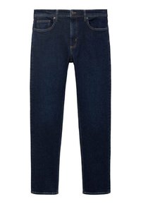 Jeans de mezclilla azul oscuro con corte ajustado. Presenta cinco bolsillos, cierre de cremallera y sutil costura amarilla a lo largo de las costuras y la cinturilla.