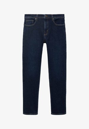 Donkerblauwe spijkerbroek met een slim fit. Bevat vijf zakken, een ritssluiting en subtiele gele stiksels langs de naden en tailleband.