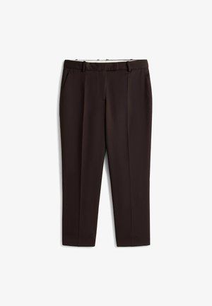 Bruine op maat gemaakte broek met een rechte pijp, voorzien van zijzakken en riemlussen, gemaakt van een gladde, gestructureerde stof.