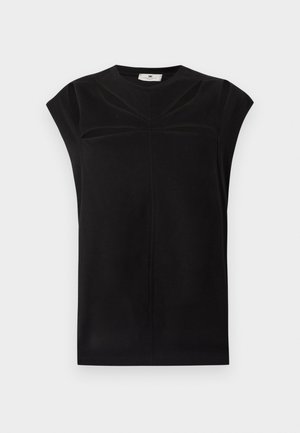 Μαύρο τοπ με κοντά μανίκια από λεία ύφανση, με στρογγυλή λαιμόκοψη και διακριτικές λεπτομέρειες ραφής στο μπροστινό μέρος και στους ώμους.