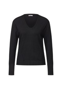Black v-neck sweater in soft fabric. Long sleeves, ribbed cuffs and hem, with a structured design and subtle seam detailing on the sides.