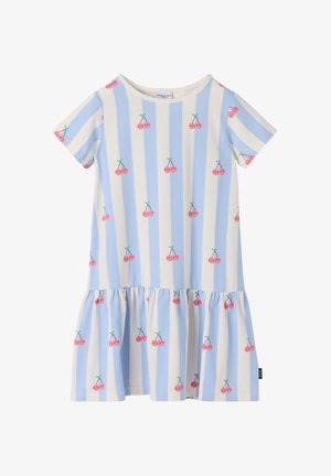 Kortærmet pigekjole med skiftevis lyseblå og hvide lodrette striber samt et rosa kirsebærmønster med grønne stilke.