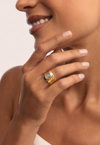 Anillo de oro con una superficie lisa y una piedra gris circular, llevado en una mano que toca la barbilla. Tono de piel claro con esmalte de uñas natural.