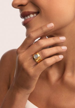 Anillo de oro con una superficie lisa y una piedra gris circular, llevado en una mano que toca la barbilla. Tono de piel claro con esmalte de uñas natural.