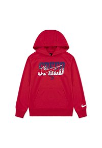 Felpa rossa con cappuccio, con la scritta "SPEED" e il logo Nike a forma di baffo sul petto, tasca a marsupio frontale e baffo bianco sul polsino sinistro.