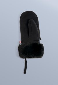 Czarne rękawiczki z ociepleniem, wyposażone w mankiet z imitacji futra i pasek na nadgarstek, wykonane z materiału termoizolacyjnego dla zapewnienia ciepła.