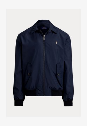 Námornícka modrá bomber bunda vyrobená z hladkej tkaniny, so zipsovým predným zapínaním, dvoma bočnými vreckami a malým logom na ľavom hrudníku.