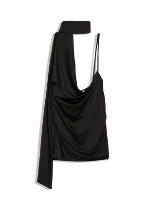 Crna asimetrična majica s jednom dugom rukavom, jednim tankim remenom i naboranim tkanjem preko prednjeg dijela.