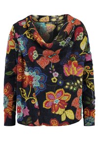 Långärmad svart tröja med färgglada broderade blommönster i rött, gult, blått, rosa och grönt, med en cowl-halsringning.