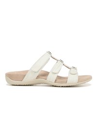 White slide sandals with three adjustable straps, soft suede-like insole, and a rubber outsole featuring a textured grip.