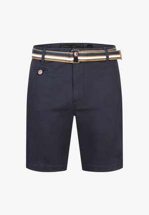 Granatowe szorty wykonane z bawełny, z płaskim przodem, zapięciem na guzik oraz wielokolorowym paskiem w paski, z zielonymi, brązowymi i beżowymi akcentami.