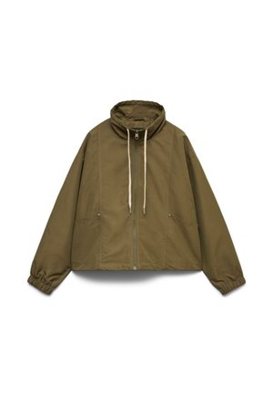 Veste zippée vert olive avec col montant, cordons blancs, manches longues avec poignets élastiques et deux poches avant.
