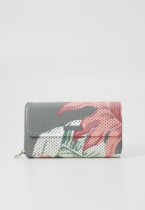 Perforated grey wallet with a floral design in pink, green, and white. Features a flap closure and zipper detail along the edge.