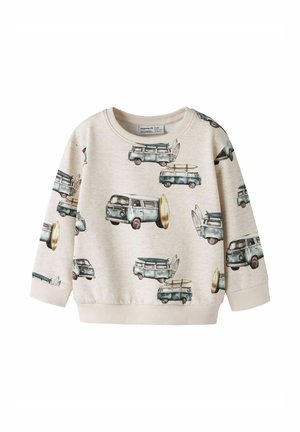 Felpa beige a manica lunga con stampa di Vans vintage blu e tavole da surf su tutta la superficie, polsini e orlo a costine.