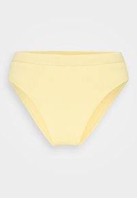 Yellow bikini bottom in a ribbed texture with a high-waisted design and smooth seams, featuring a solid color without patterns or accents.