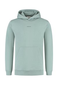 Lichtgroene hoodie met een voorzak en kleine "PURE PATH" tekst gecentreerd op de borst, voorzien van ribgebreide manchetten en zoom.