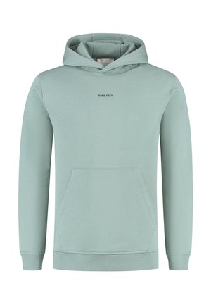 Lichtgroene hoodie met een voorzak en kleine "PURE PATH" tekst gecentreerd op de borst, voorzien van ribgebreide manchetten en zoom.