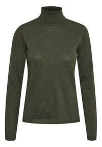 Mörkgrön polotröja i slät stickad tyg, med lång ärm och en figursydd design med ribbade detaljer vid halslinjen och nederkanten.