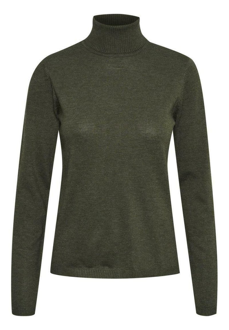 Mörkgrön polotröja i slät stickad tyg, med lång ärm och en figursydd design med ribbade detaljer vid halslinjen och nederkanten.