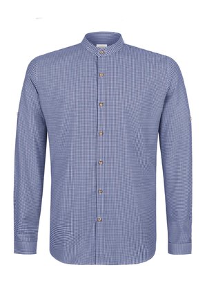Blau-weiß karierte langärmelige Bluse mit Mandarin-Kragen und braunen Knöpfen vorne und an den Ärmelmanschetten.