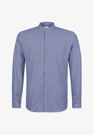 Blau-weiß karierte langärmelige Bluse mit Mandarin-Kragen und braunen Knöpfen vorne und an den Ärmelmanschetten.
