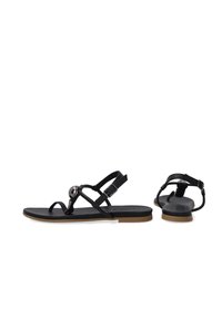 Zwarte sandalen met een platte zool, voorzien van verstelbare bandjes en een ronde metalen accent. Gemaakt van een glad materiaal met een minimalistisch ontwerp.
