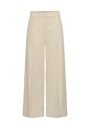 Pantalon beige à jambes larges avec détails de couture à l’avant, passants de ceinture et fermeture avant dissimulée.