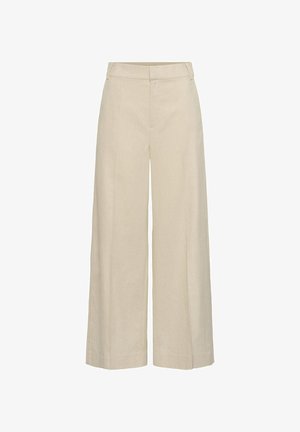 Pantalon beige à jambes larges avec détails de couture à l’avant, passants de ceinture et fermeture avant dissimulée.