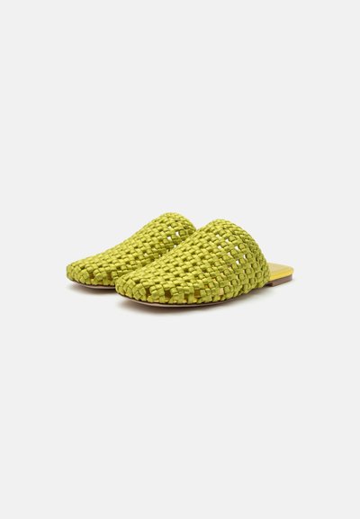 Paire de chaussures plates tissées jaune-vert, à enfiler, avec des bouts fermés et des talons ouverts, sur fond blanc uni.