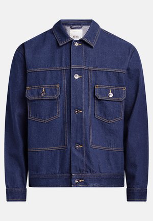 Dark blue denim jacket featuring a button front, two chest pockets, and yellow stitching accents. Classic collar and long sleeves.